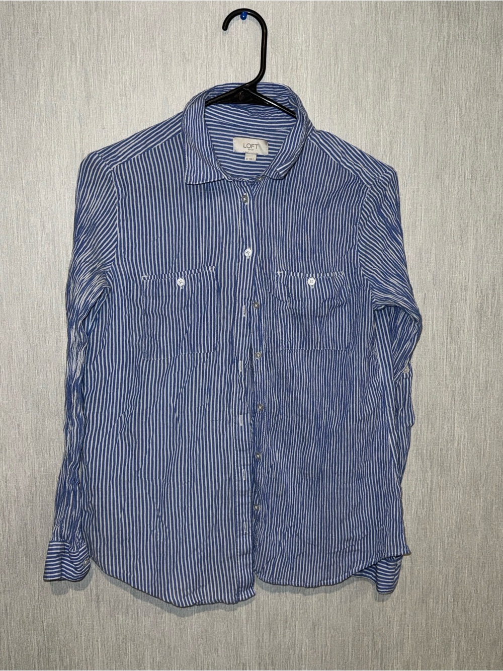 LOFT Blue and White Striped Button-Down Shirt
